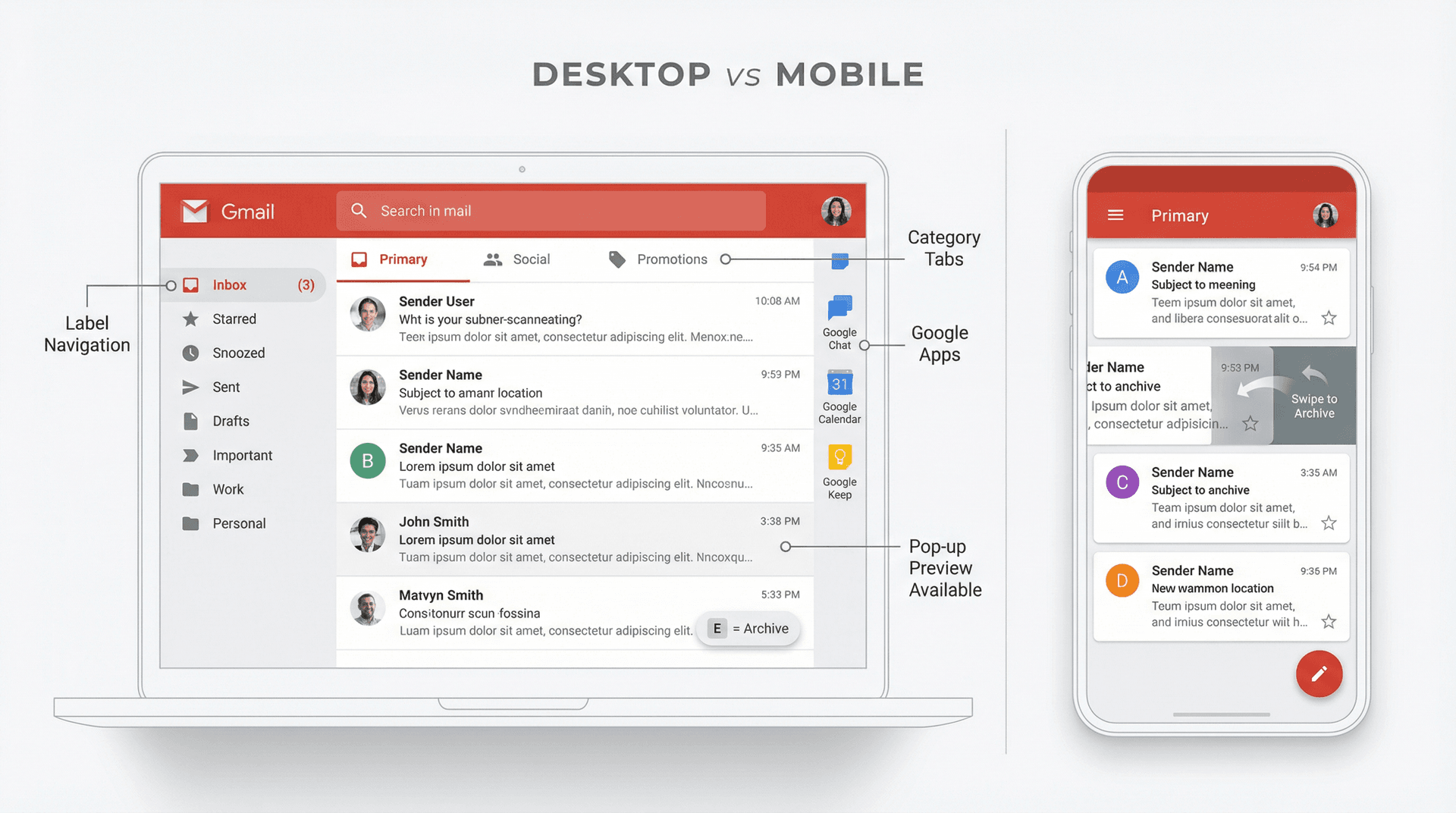 Side-by-side comparison of Gmail desktop interface showing full workspace with sidebars and tabs versus mobile app's simplified single-view design
